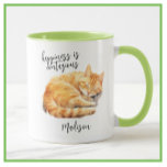 Tabby Cat Glück ist ansteckend Personalisiert Tasse<br><div class="desc">Eine besonders glückliche Art, Ihren Morgen zu beginnen - mit dieser friedlichen Schlafkatze - um uns daran zu erinnern, dass Glück wirklich ansteckend sein kann. Moderne und optimistische Typografie macht ein cooles personalisiertes Geschenk! Sie entscheiden, ob Sie es zweifarbig gewollt Tasse haben - einfach ganz weiß innen sein und handhaben....</div>