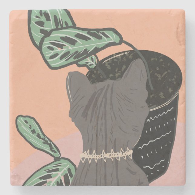 Tabby Cat Gray Pflanze Zwei-Tone Steinuntersetzer (Vorderseite)