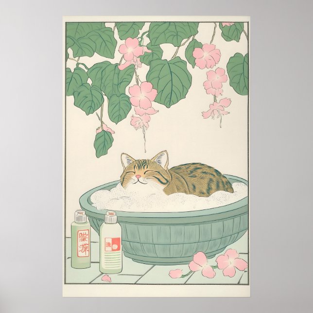 Tabby Cat in Bathtub Art Print Japanese Bathroom Poster (Vorne)