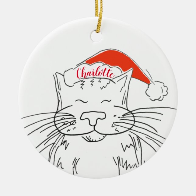 Tabby cat in der Weihnachtsmannmütze Weihnachten Keramik Ornament (Vorne)
