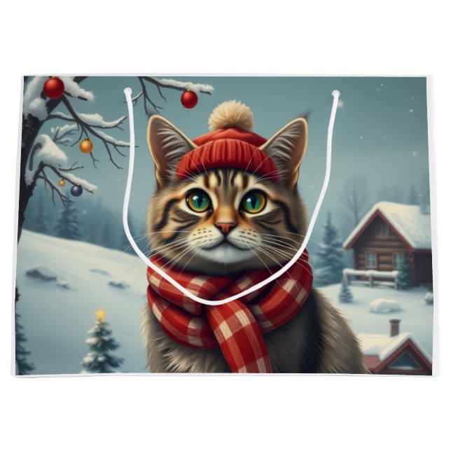 Tabby Cat in Preppy Winter Attraktion und Hat Wint Große Geschenktüte (Vorderseite)