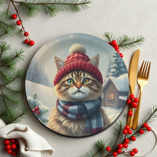 Tabby Cat in Preppy Winter Attraktion und Hat Wint Pappteller