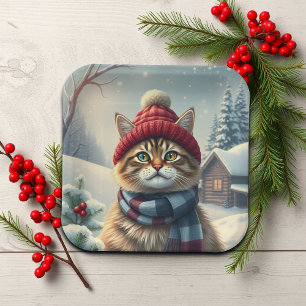 Tabby Cat in Preppy Winter Attraktion und Hat Wint Pappteller