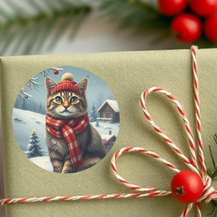 Tabby Cat in Preppy Winter Attraktion und Hat Wint Runder Aufkleber