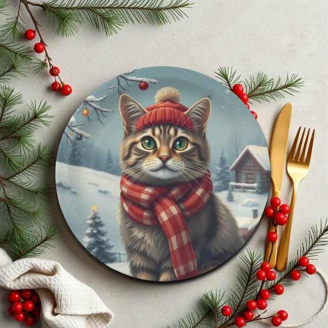 Tabby Cat in Preppy Winter Attraktion und Hut Pappteller (Von Creator hochgeladen)