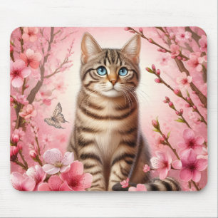 Tabby Cat Japanese Cherry Blossom Blume Kitten Mousepad