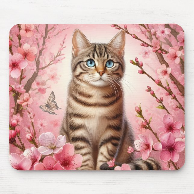 Tabby Cat Japanese Cherry Blossom Blume Kitten Mousepad (Vorne)