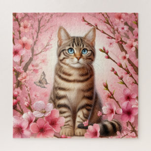 Tabby Cat Japanese Cherry Blossom Blume Kitten Puzzle