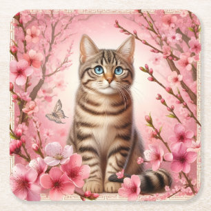 Tabby Cat Japanese Cherry Blossom Blume Kitten Rechteckiger Pappuntersetzer