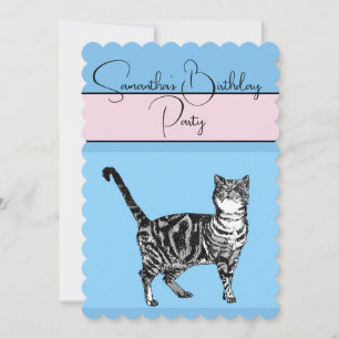 Tabby Cat Katzen Rosa Blau Geburtstagsparty Einlad Einladung