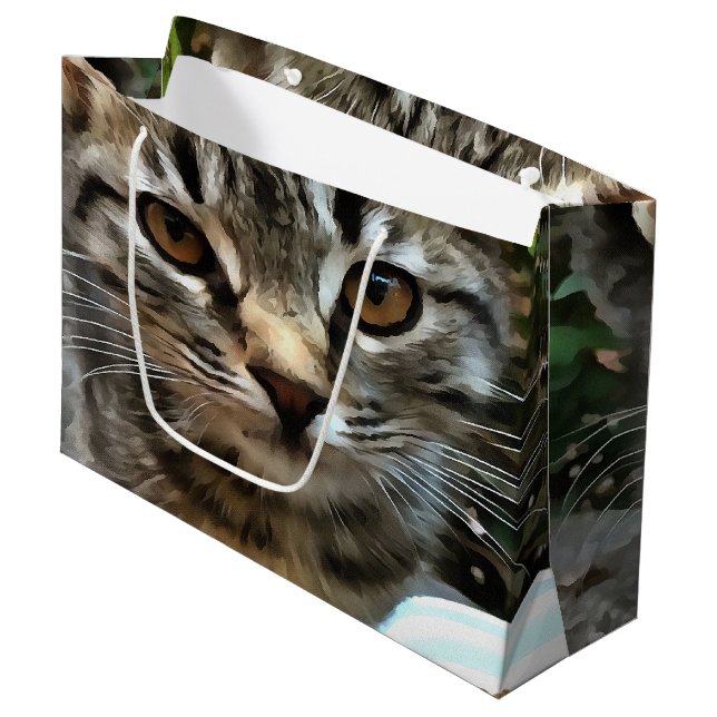 Tabby Cat Kitten Augenkontakt Große Geschenktüte (Vorderseite Schrägansicht)