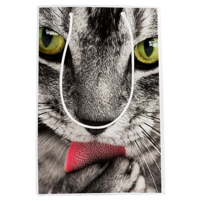 Tabby Cat Licking Paw Mittlere Geschenktüte (Vorderseite)