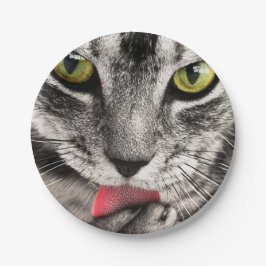 Tabby Cat Licking Paw Pappteller