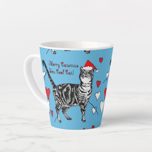 Tabby Cat Merry Blue Christmas Hearts Latte Tasse (Linke Ecke)