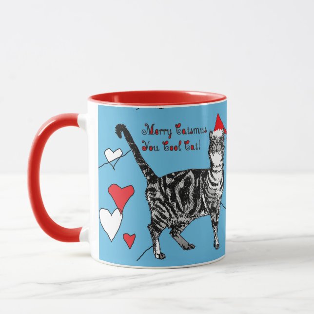 Tabby Cat Merry Blue Red Christmas Hearts Tasse (Links)