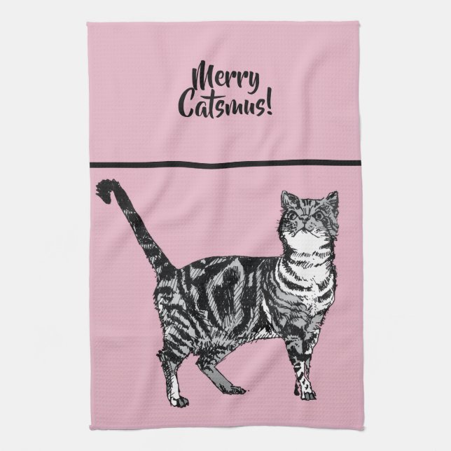 Tabby Cat Merry Catsmus Pink Christmas Cats Geschirrtuch (Vertikal)