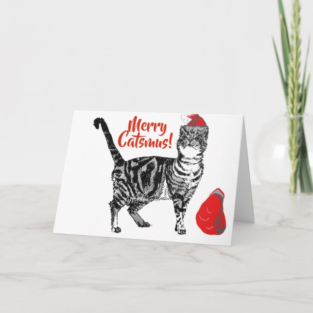 Tabby Cat Merry Catsmus Red Christmas Card Karte (Vorderseite)