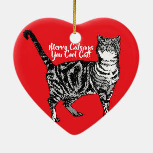 Tabby Cat Merry Catsmus Red Christmas Decoration Keramik Ornament