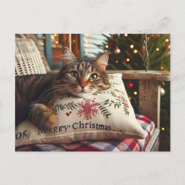Tabby Cat Merry Christmas AI Postcard Postkarte (Vorderseite)