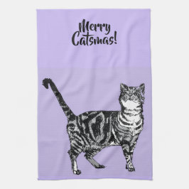 Tabby Cat Merry Christmas Purple Lavender Pastel Geschirrtuch