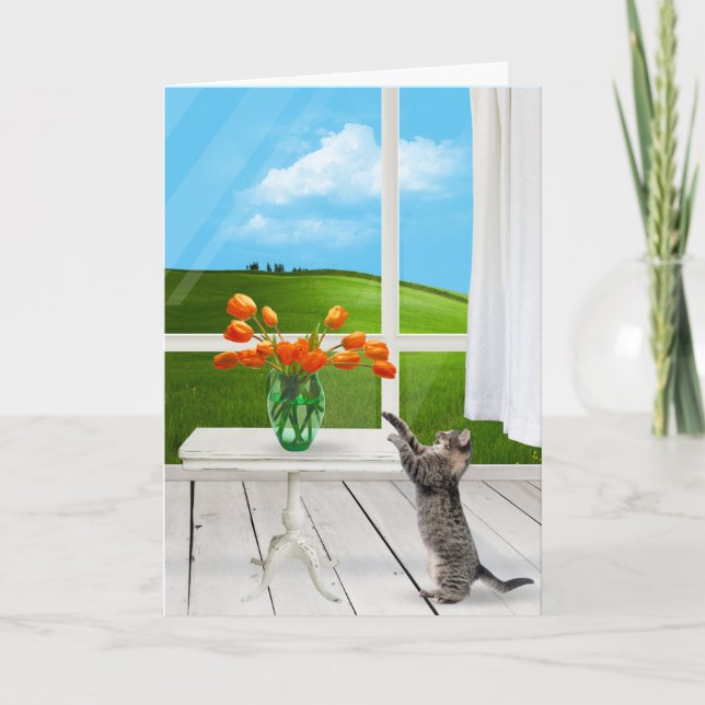 Tabby Cat mit Orange Tulip Bouquet Karte (Vorderseite)