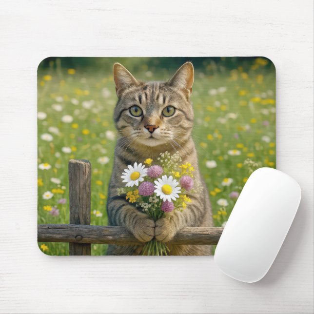 Tabby Cat mit Wildblume Bouquet Mousepad (Mit Mouse)
