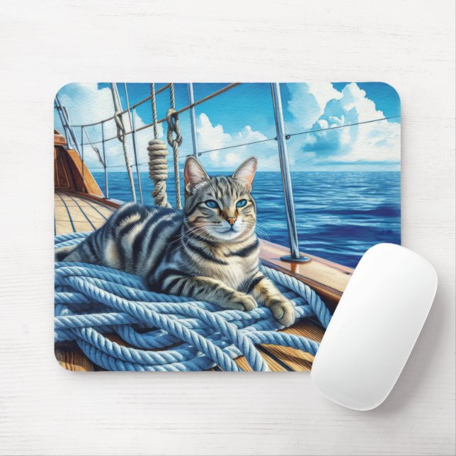 Tabby Cat on a Boat Mousepad (Mit Mouse)