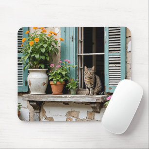Tabby Cat On Old Window Ledge Mousepad