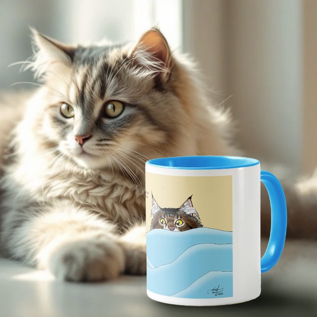 Tabby Cat Peeking Blue Funny Tasse (Von Creator hochgeladen)