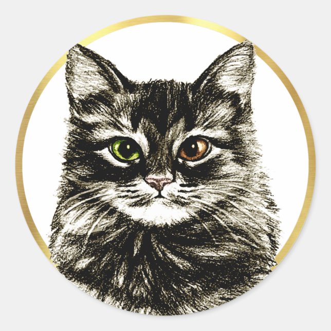 Tabby Cat Pencil Künstler Zeichnete Gold Frame Gef Runder Aufkleber (Vorderseite)