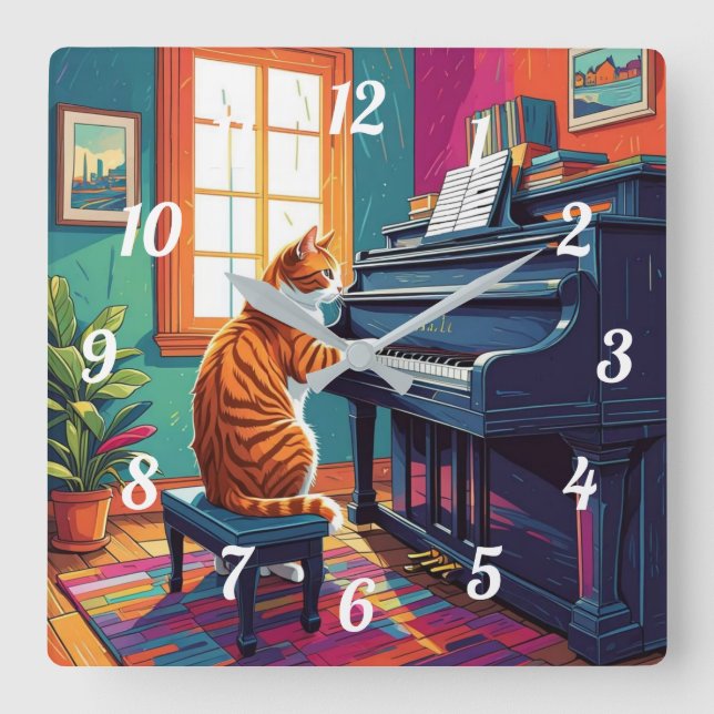Tabby Cat Piano Quadratische Wanduhr (Vorderseite)