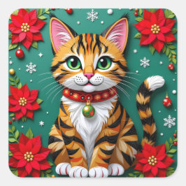 Tabby Cat, Poinsettias and Snowflakes Christmas Quadratischer Aufkleber