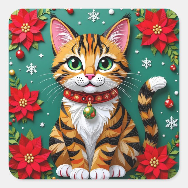 Tabby Cat, Poinsettias and Snowflakes Christmas Quadratischer Aufkleber (Vorderseite)
