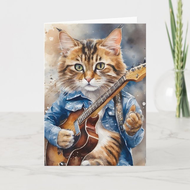 Tabby Cat Rock Star Gitarre spielen Karte (Vorderseite)
