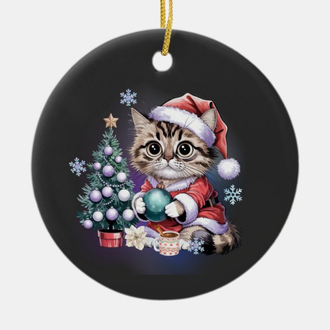 Tabby Cat Santa Crewneck Keramik Ornament (Vorne)