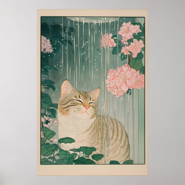 Tabby Cat Shower Print Ukiyo-e Botanical Bathroom Poster (Vorne)