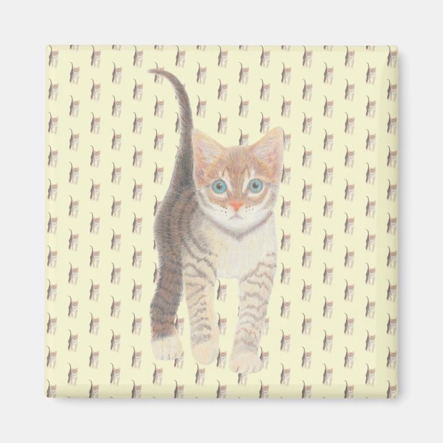 Tabby Cat Square Magnet auf Gelb (Vorne)