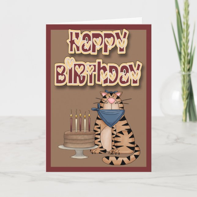 Tabby Cat und Cake Happy Birthday Karte (Vorderseite)