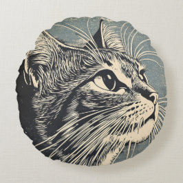Tabby Cat Vintag Lino Print Rundes Kissen