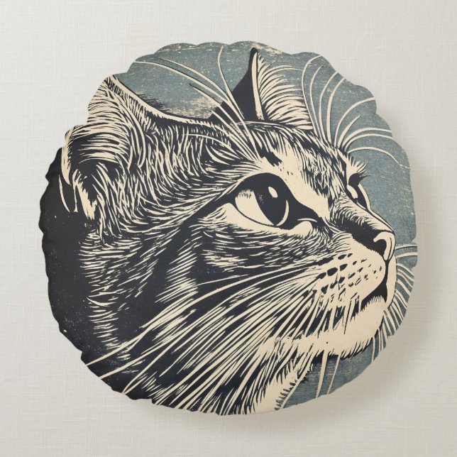 Tabby Cat Vintag Lino Print Rundes Kissen (Vorderseite)