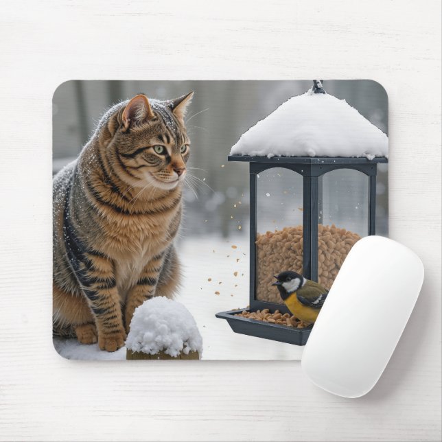 Tabby Cat Watching a Bird On a Feeder Mousepad (Mit Mouse)