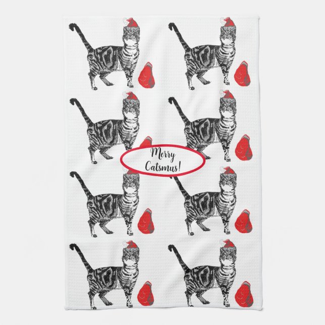 Tabby Cat Weihnachten Cool Cat Red White Teetuch Geschirrtuch (Vertikal)