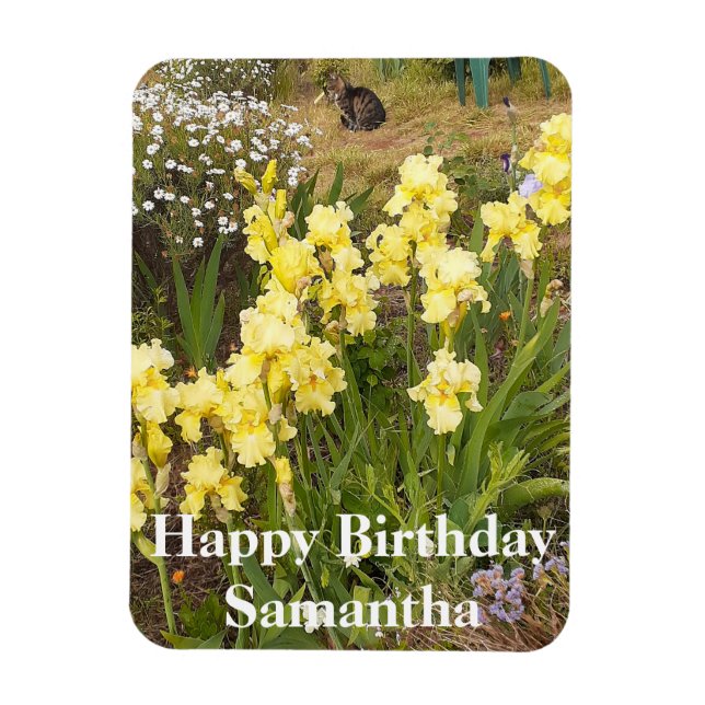 Tabby Cat Yellow Iris Blume Birthday Magnet (Vertikal)