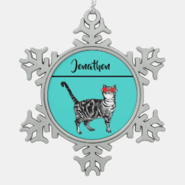 Tabby Cats 'One Cool Cat' Aqua Boys Schneeflocken Zinn-Ornament