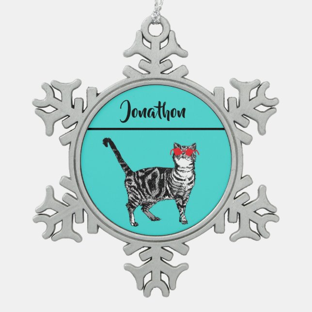 Tabby Cats 'One Cool Cat' Aqua Boys Schneeflocken Zinn-Ornament (Vorderseite)