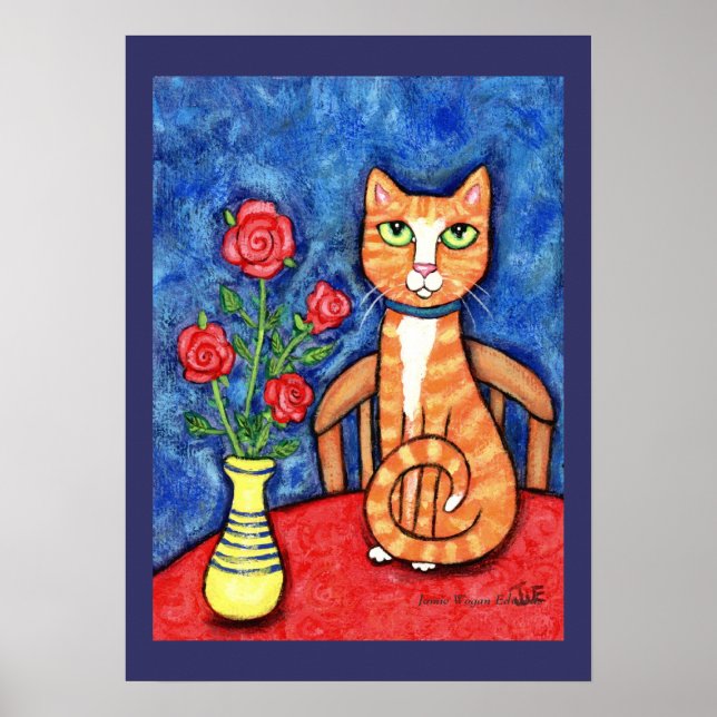 Tabby Chat mit Rose Art Print Poster (Vorne)