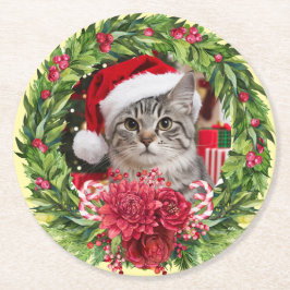 Tabby Christmas Wreath Coaster Runder Pappuntersetzer