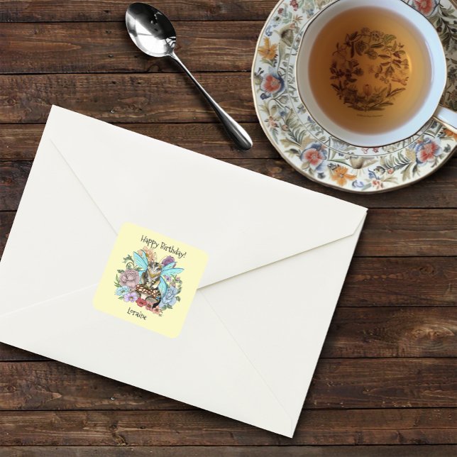 Tabby Fairy Cat Mushroom Floral Quadratischer Aufkleber (Von Creator hochgeladen)