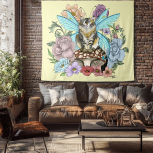 Tabby Fairy Cat Mushroom Floral Wandteppich