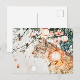 Tabby Geisha Cat Unter glühenden Laternen auf Chin Postkarte